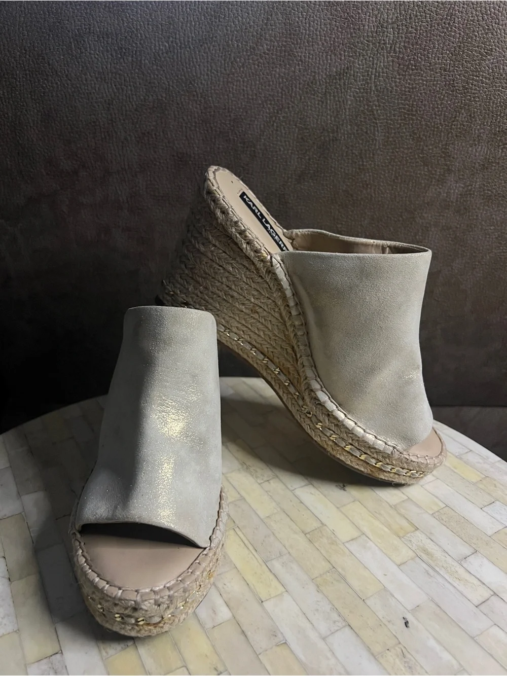 Karl Lagerfeld Light Beige Espadrille Wedge Mules - Picture 1 of 9